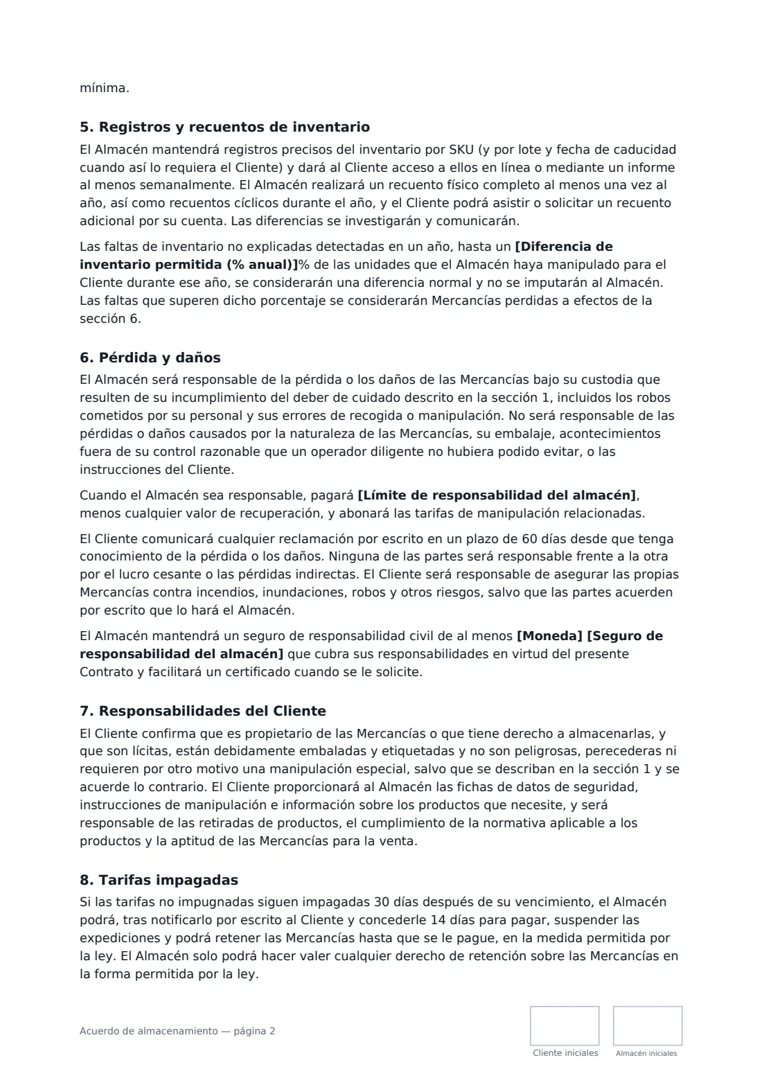Acuerdo de almacenamiento: página 2 de 3