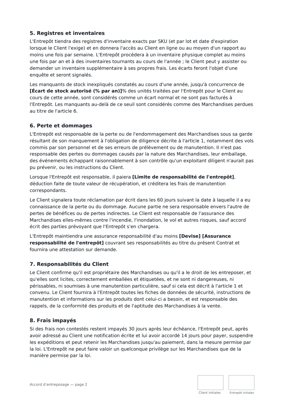 Accord d’entreposage — page 2 sur 3