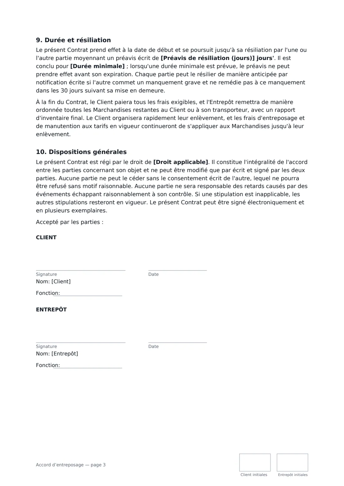 Accord d’entreposage — page 3 sur 3