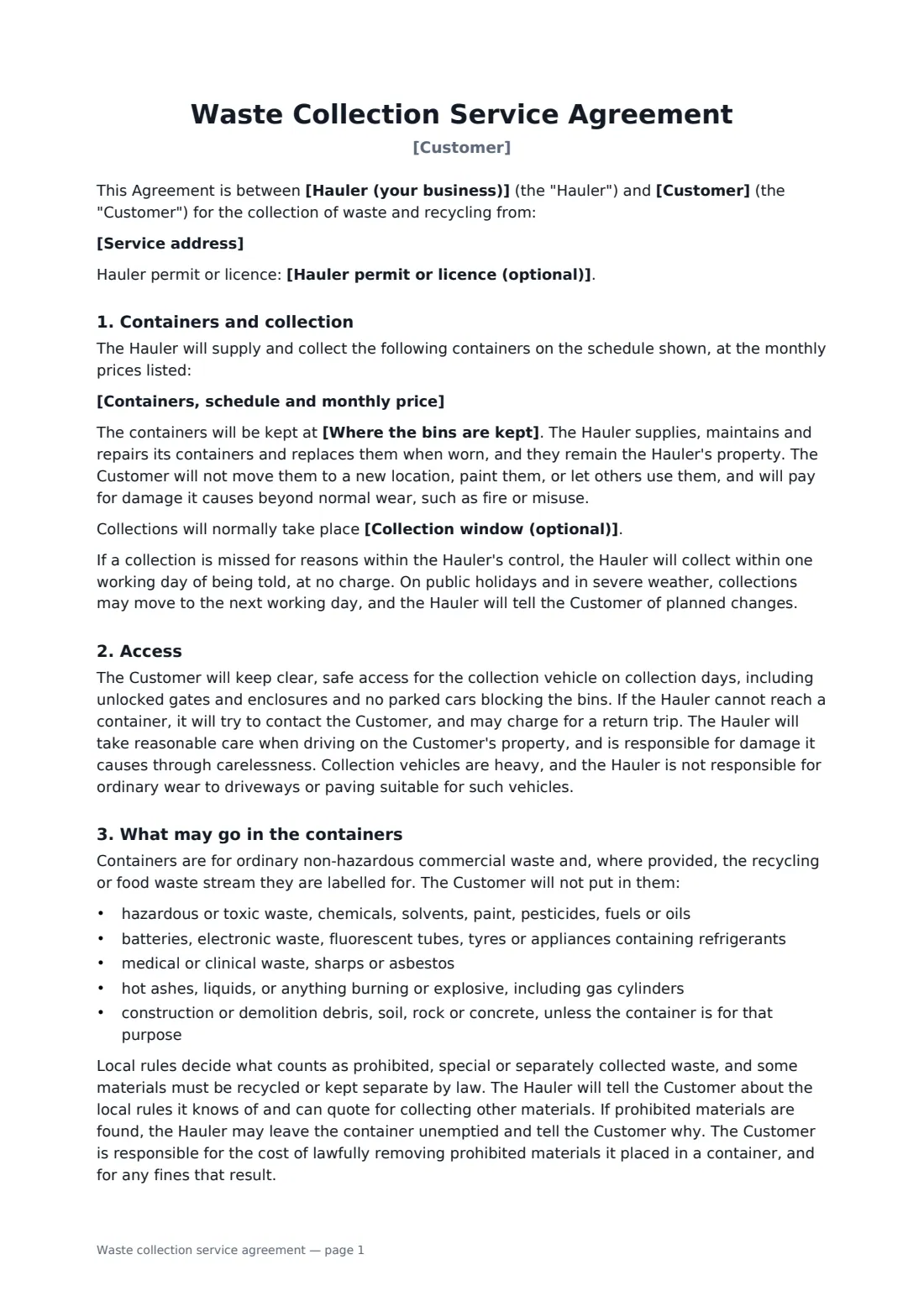 Waste collection service agreement — page 1 of 3