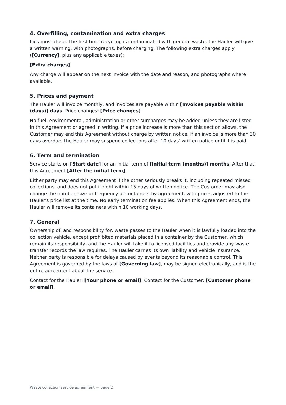 Waste collection service agreement — page 2 of 3