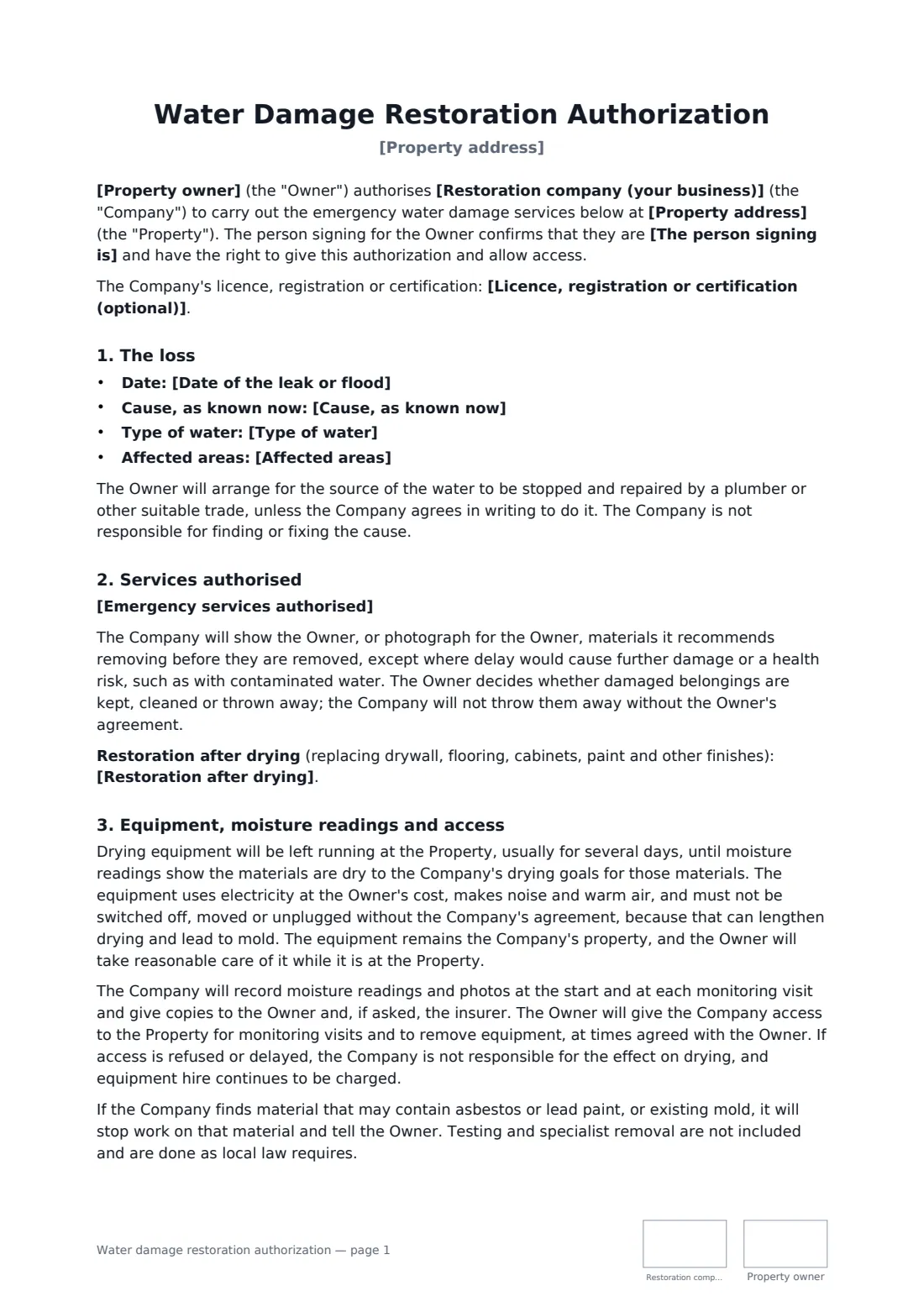 Water damage restoration authorization — page 1 of 3