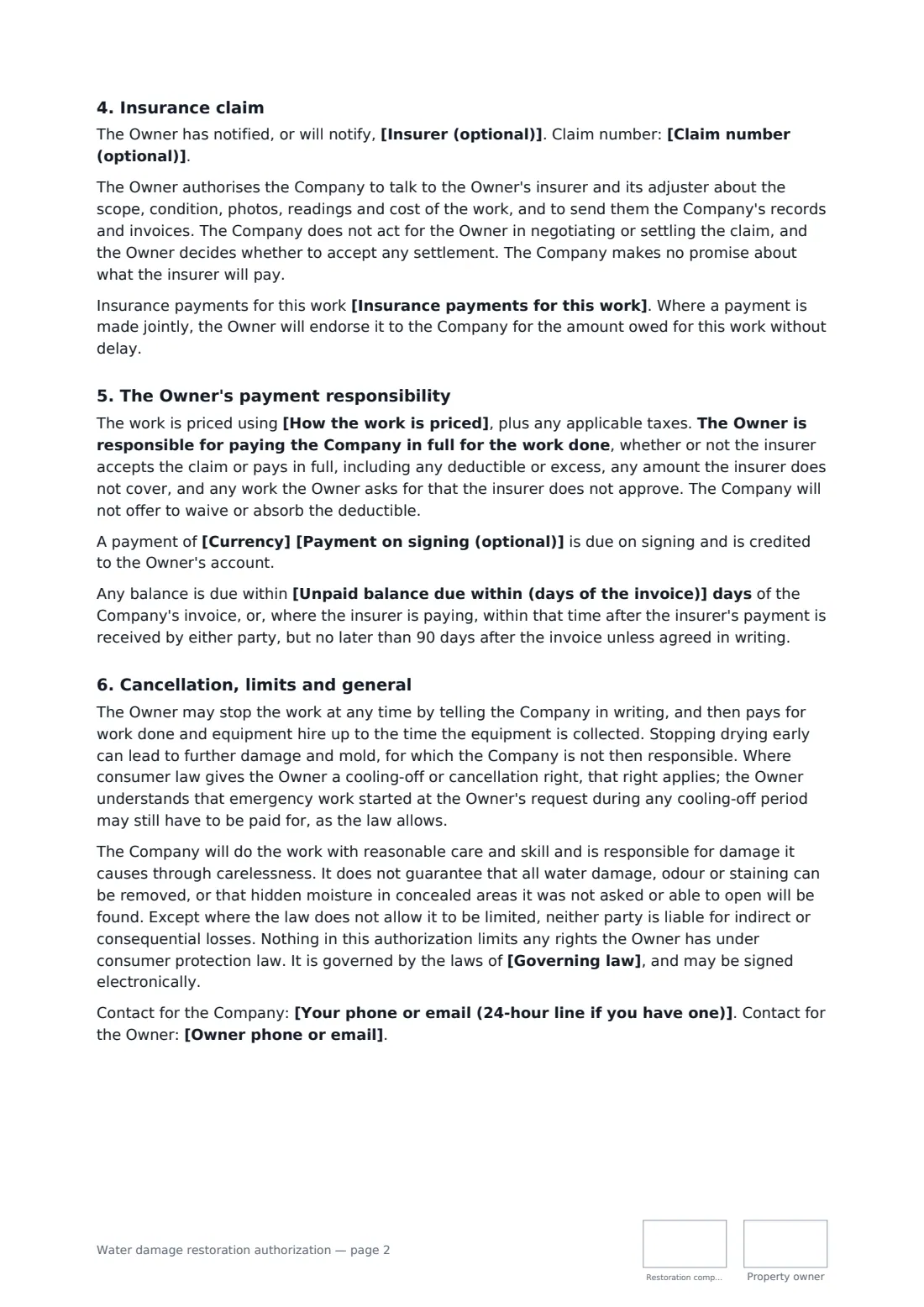 Water damage restoration authorization — page 2 of 3
