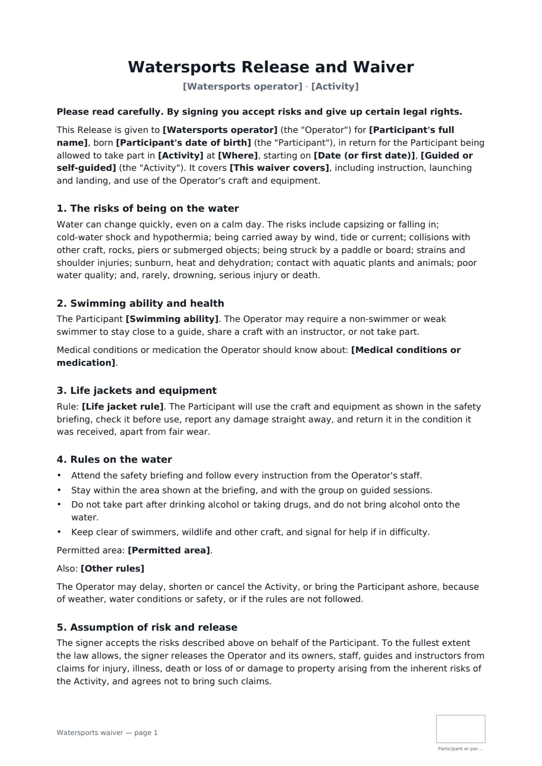 Watersports waiver — page 1 of 2