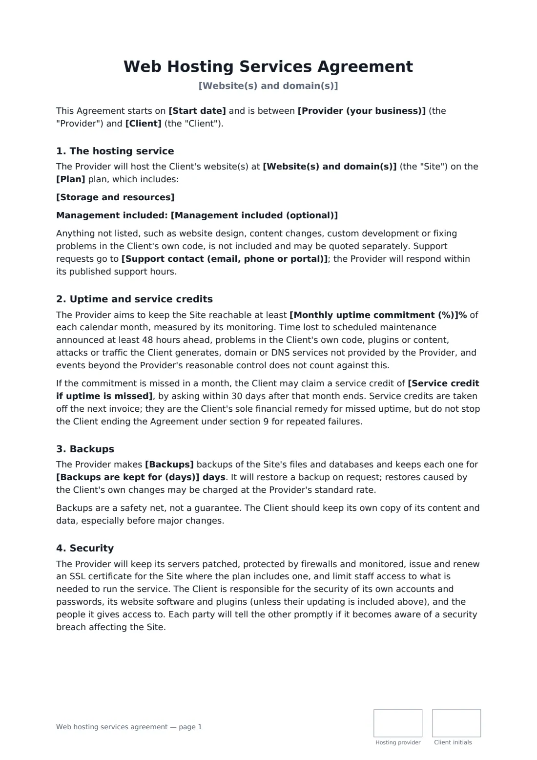 Web hosting services agreement — page 1 of 3