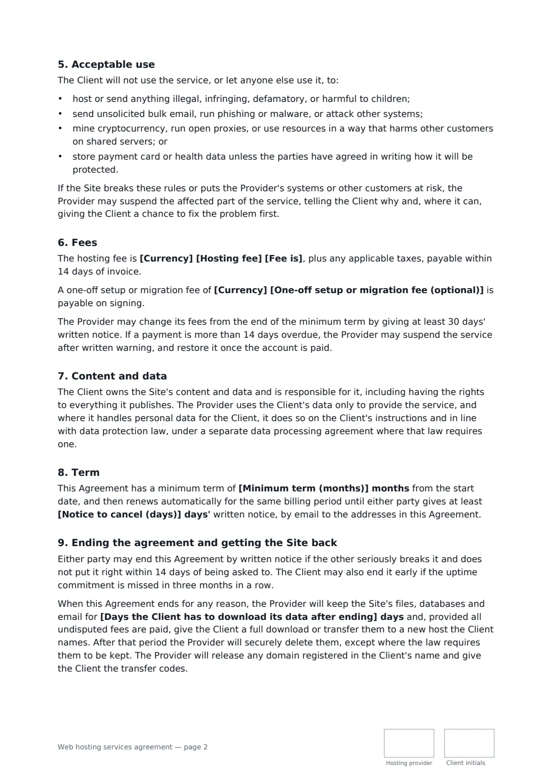 Web hosting services agreement — page 2 of 3