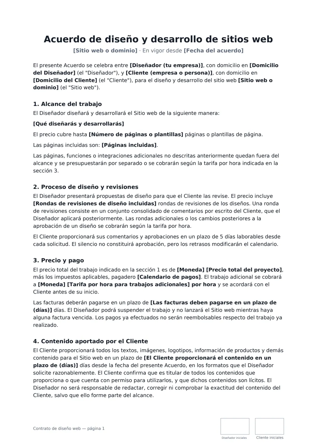 Contrato de diseño web: página 1 de 3