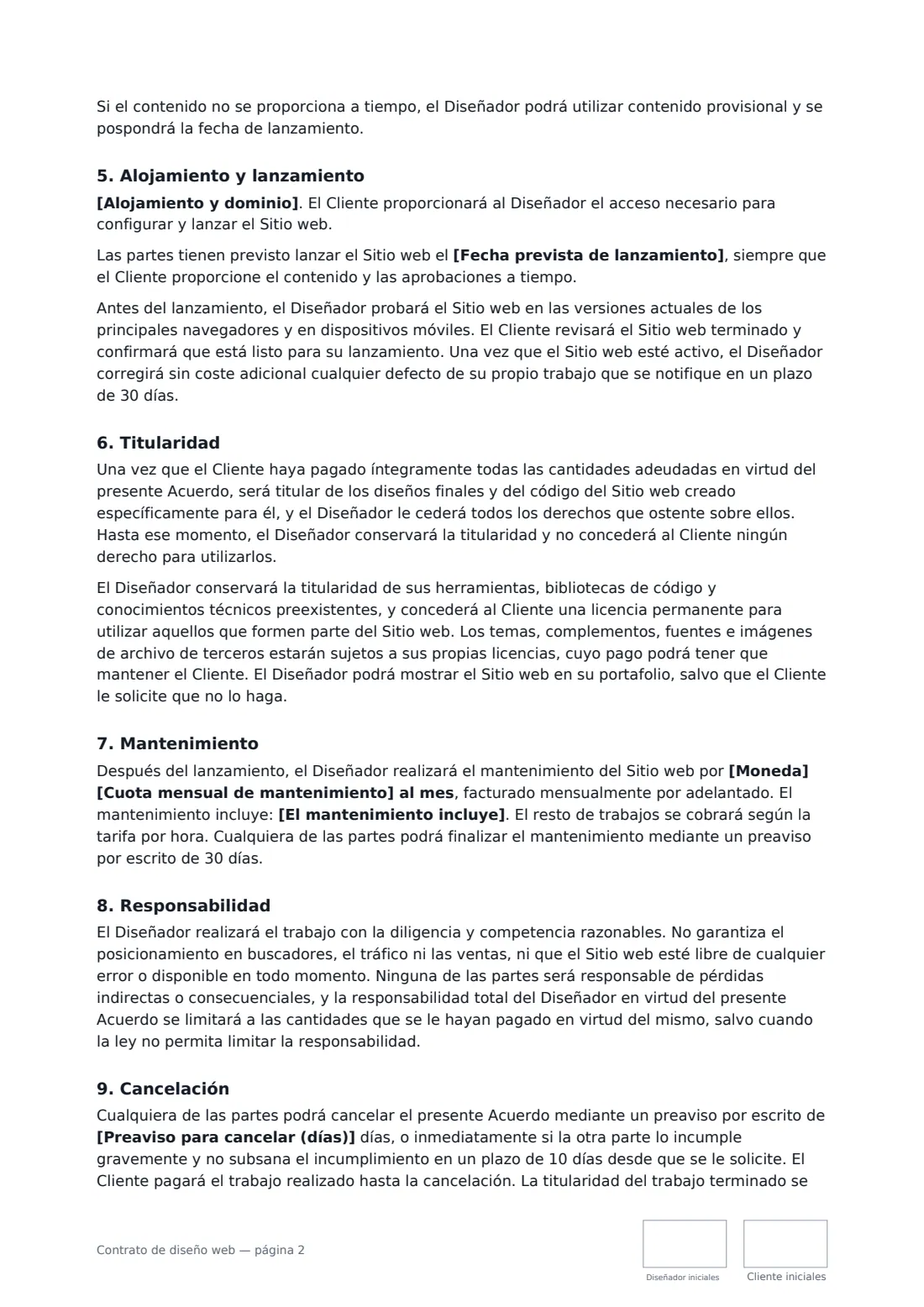 Contrato de diseño web: página 2 de 3