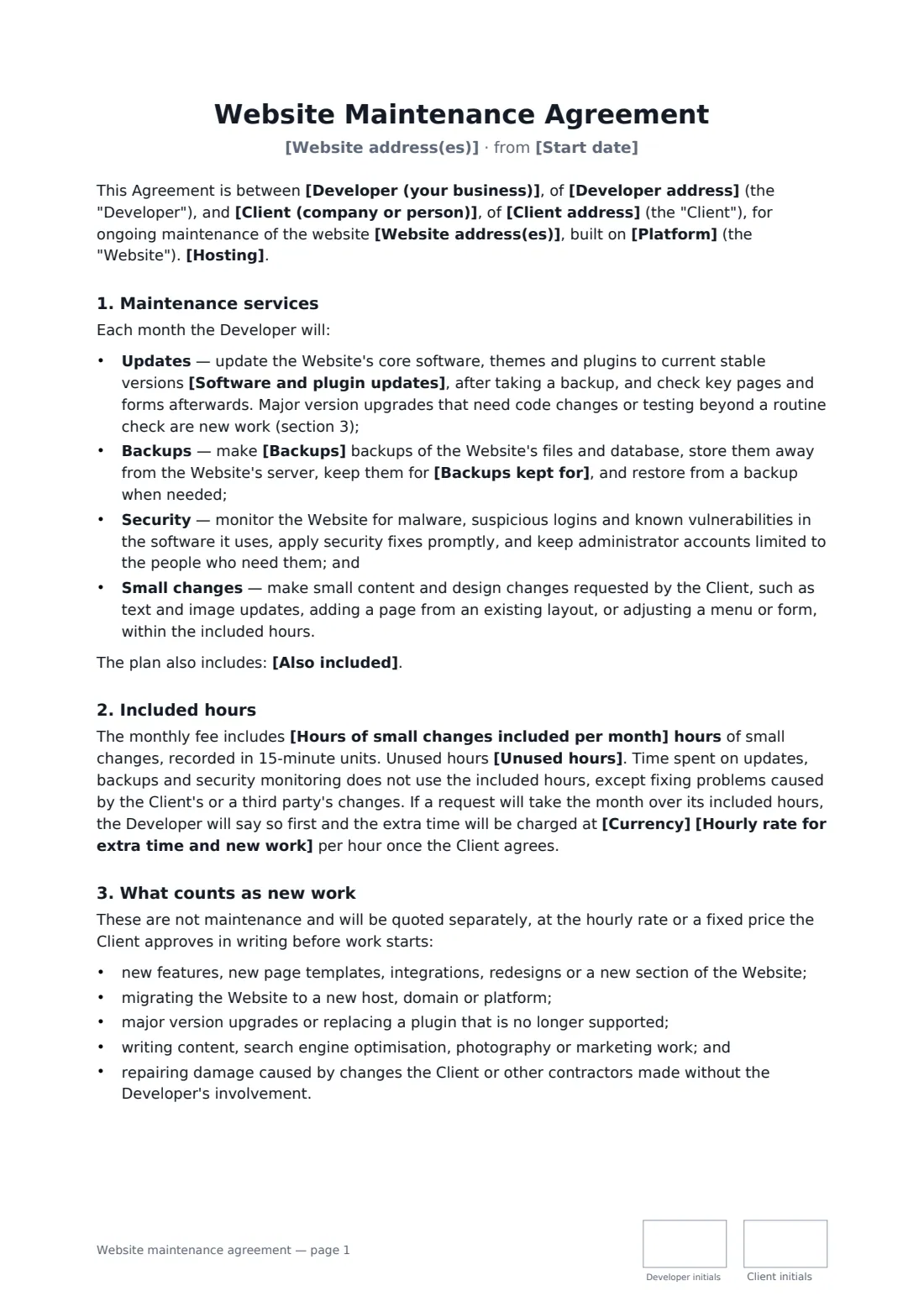 Website maintenance agreement — page 1 of 3