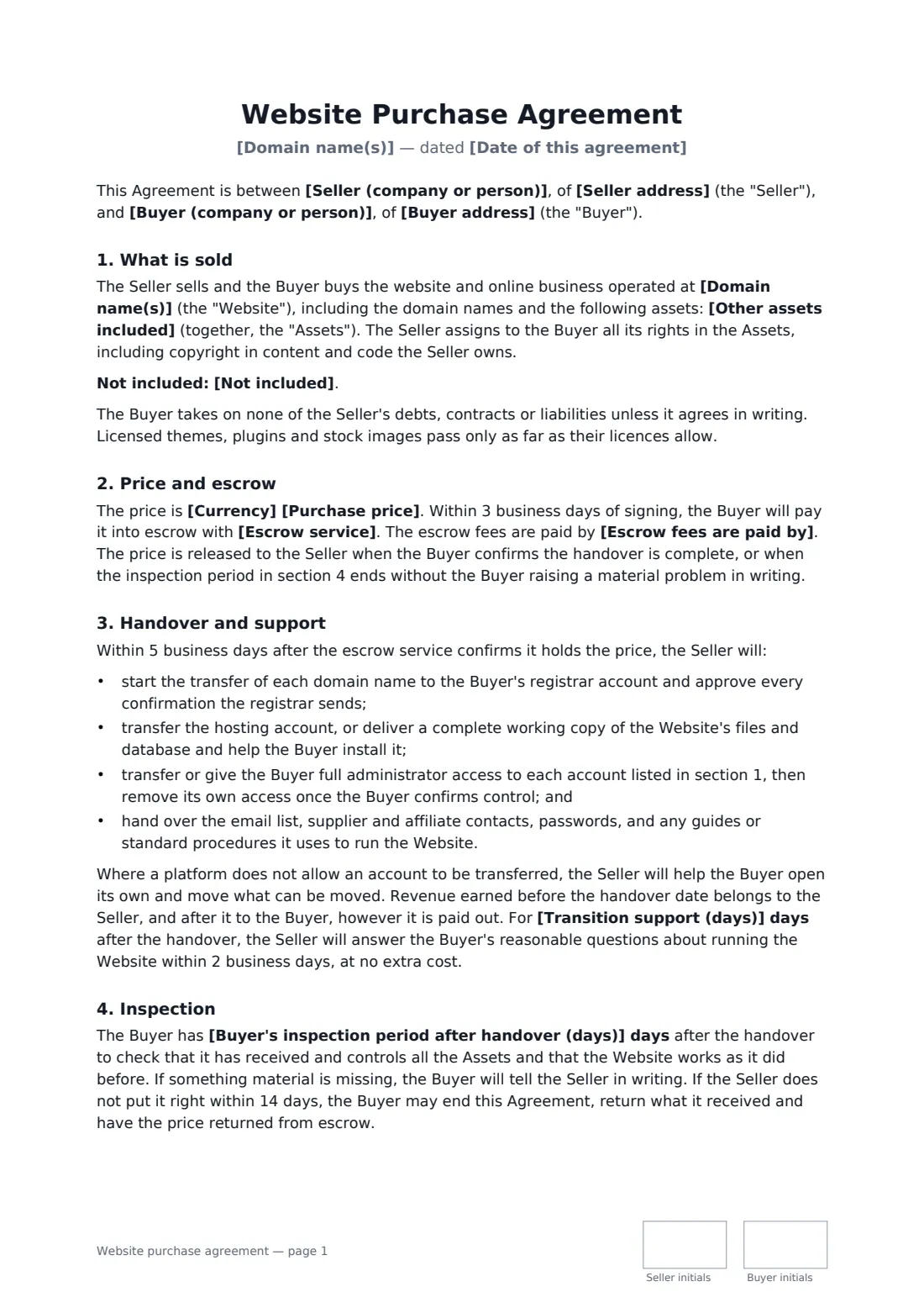 Website purchase agreement — page 1 of 2