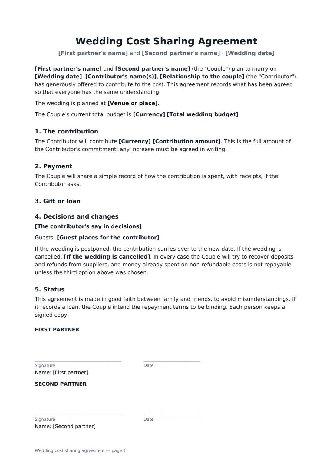 Wedding cost sharing agreement — page 1 of 2