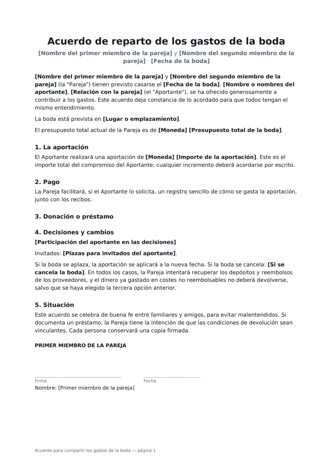 Acuerdo para compartir los gastos de la boda: página 1 de 2