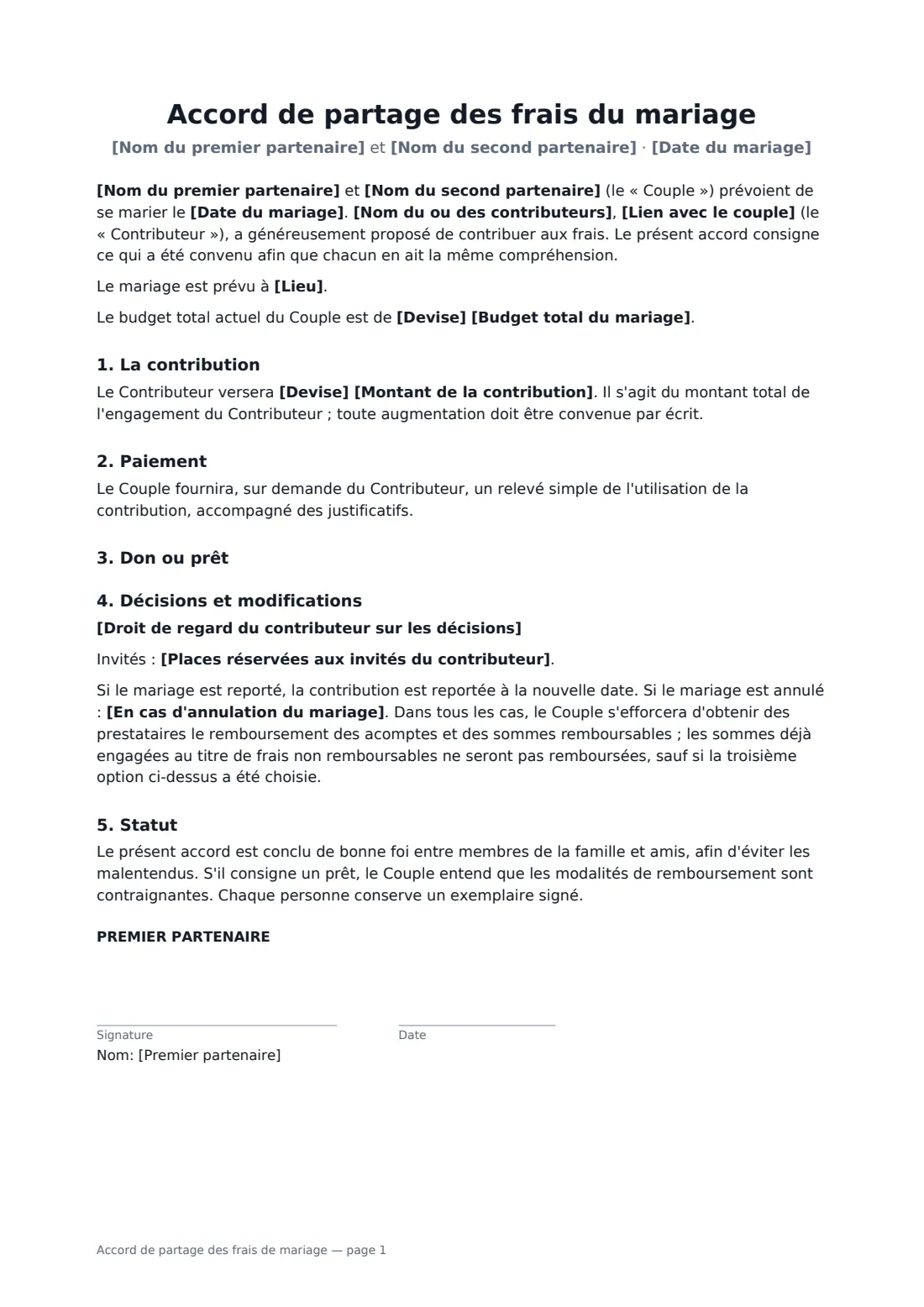 Accord de partage des frais de mariage — page 1 sur 2
