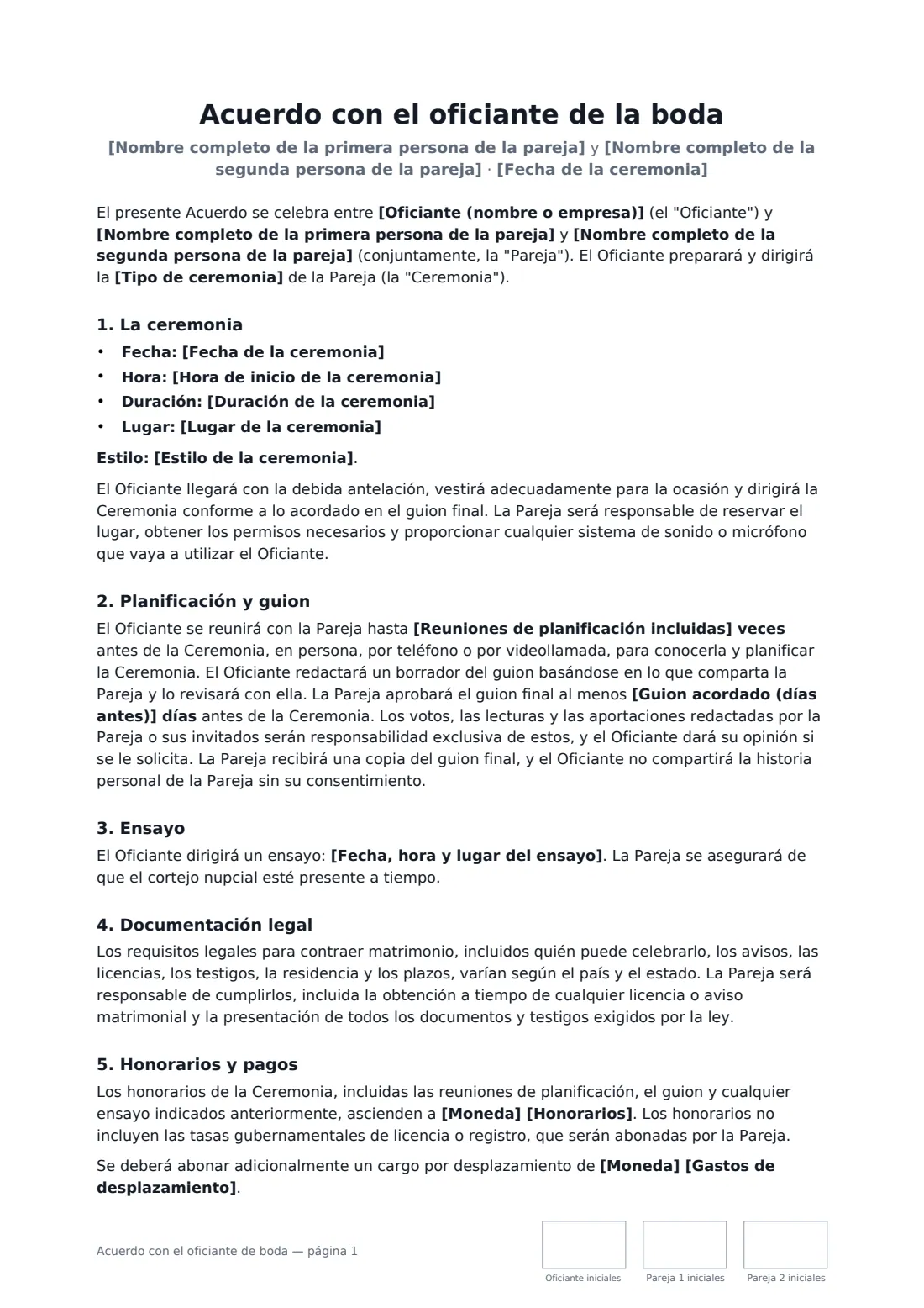 Acuerdo con el oficiante de boda: página 1 de 3