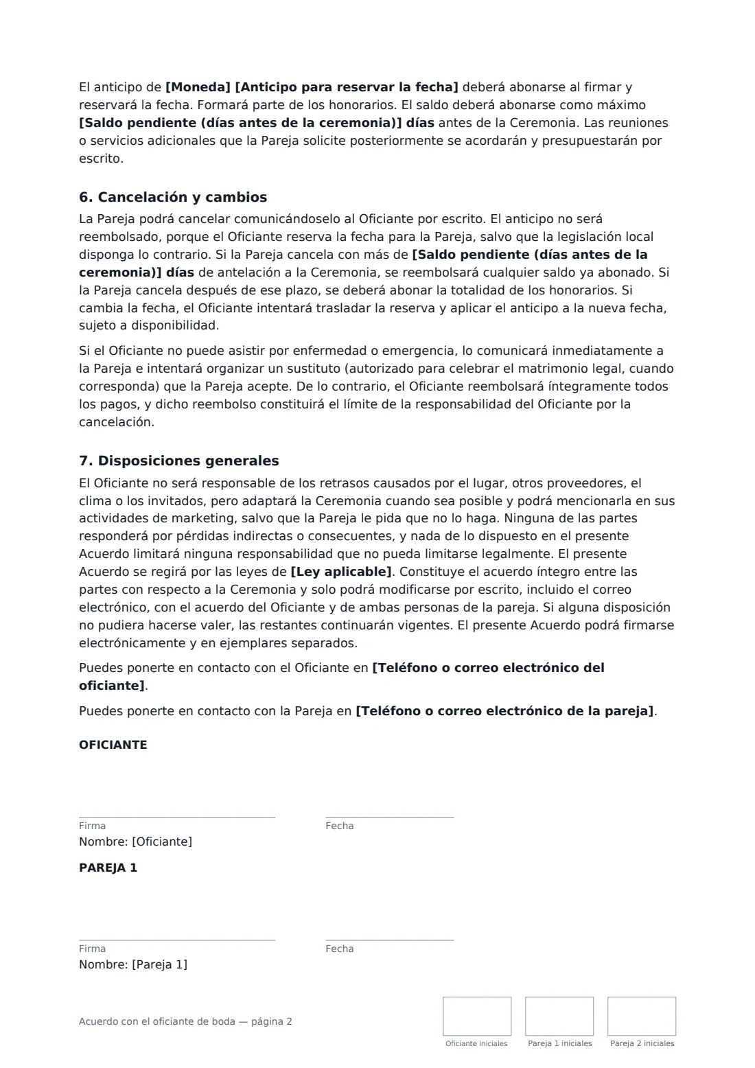 Acuerdo con el oficiante de boda: página 2 de 3