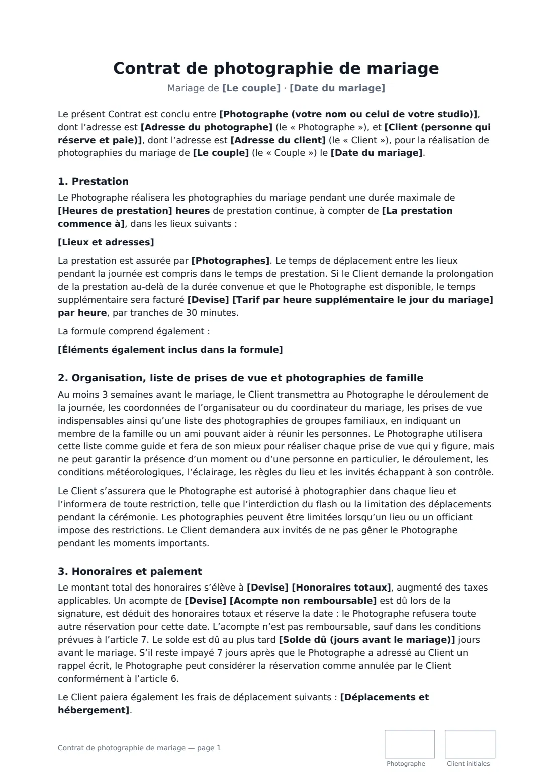 Contrat de photographie de mariage — page 1 sur 3