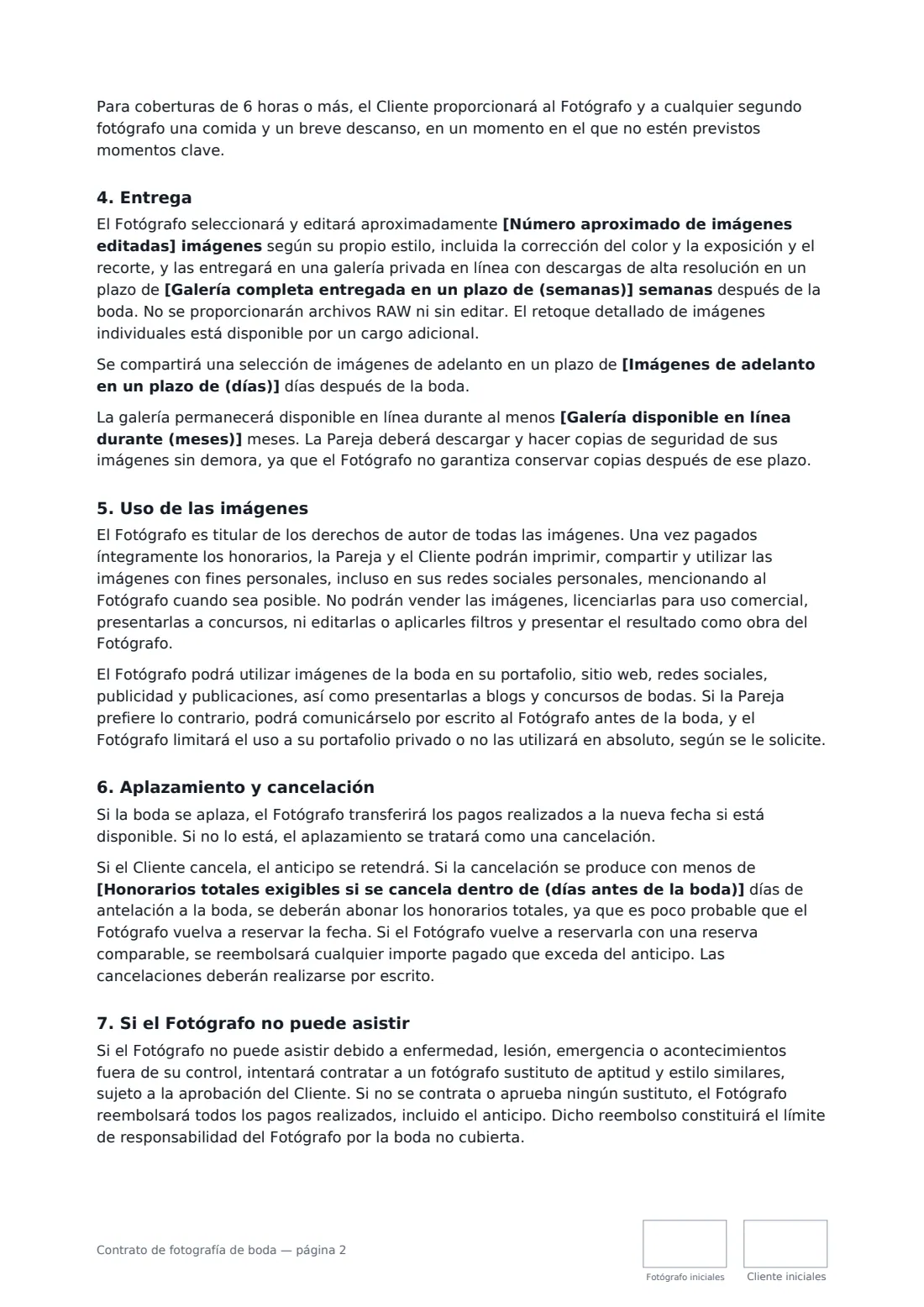 Contrato de fotografía de boda: página 2 de 3