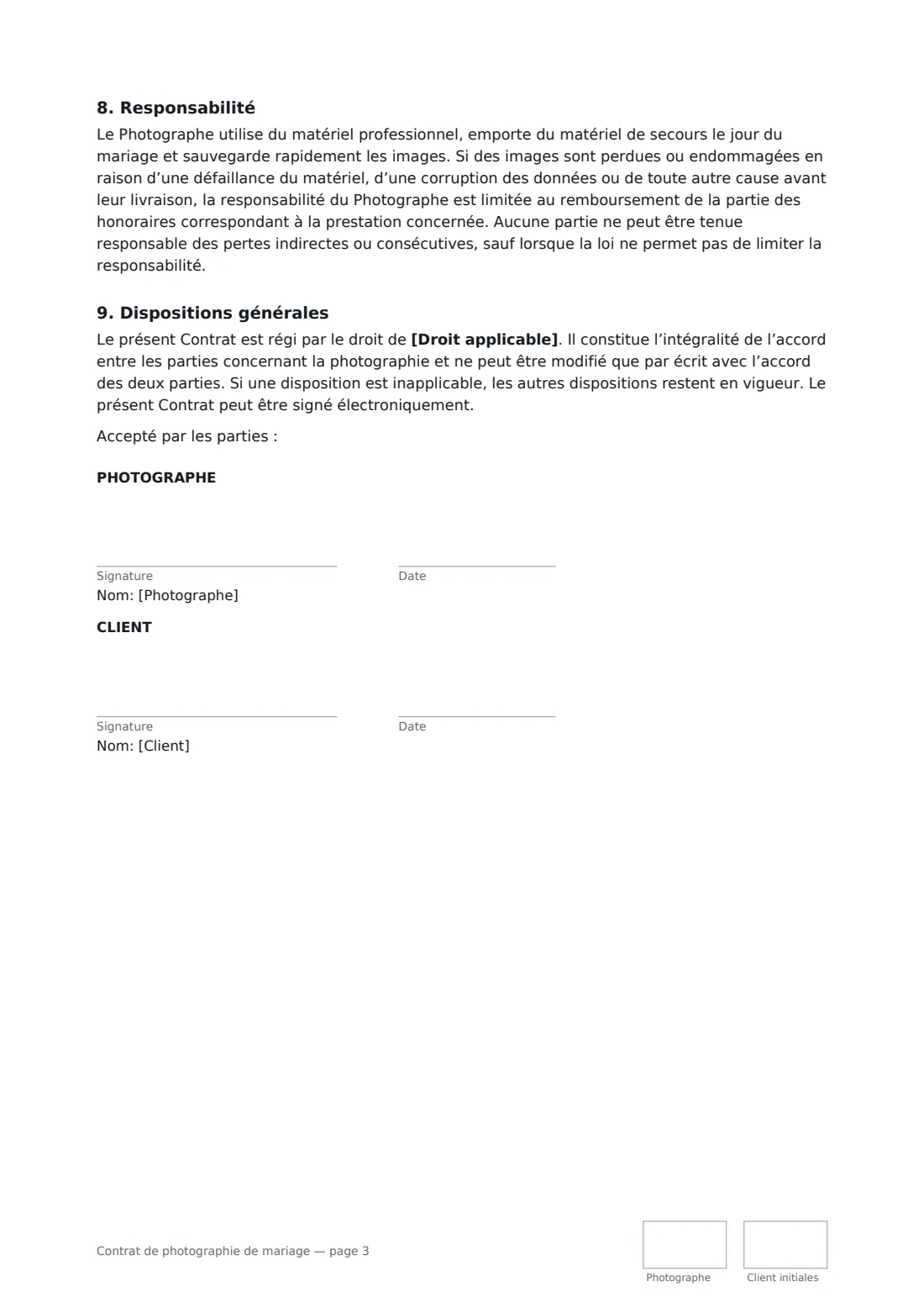 Contrat de photographie de mariage — page 3 sur 3