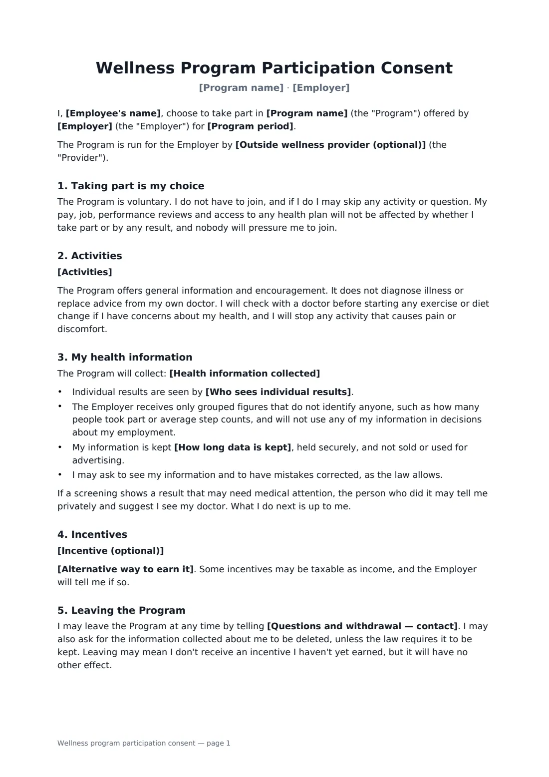 Wellness program participation consent — page 1 of 2
