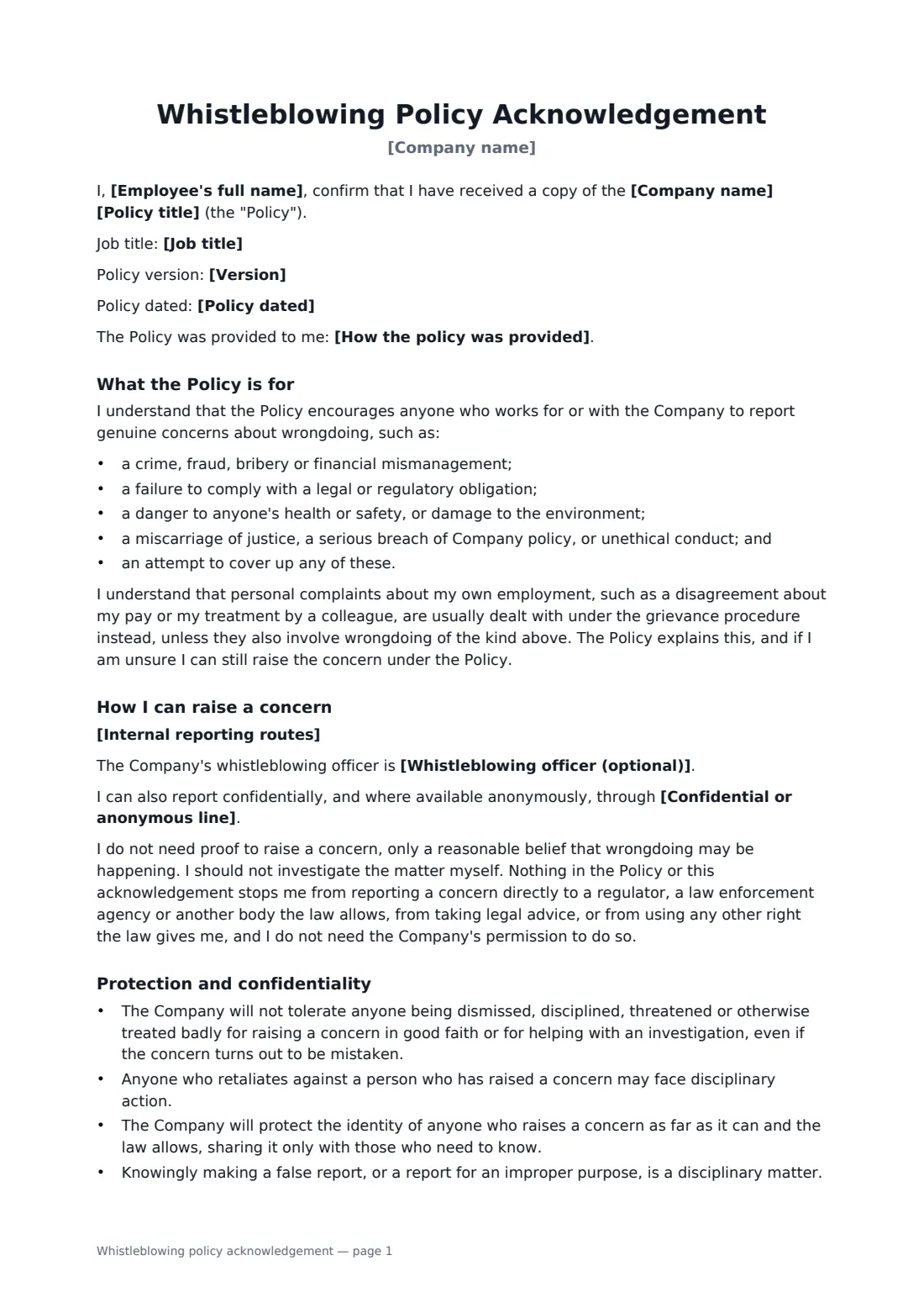 Whistleblowing policy acknowledgement — page 1 of 2