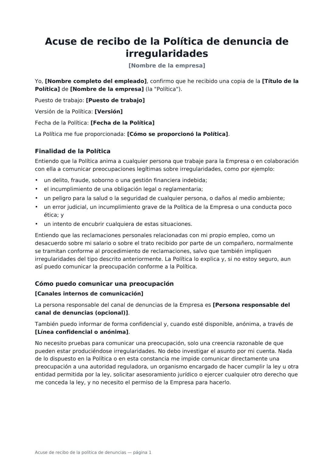 Acuse de recibo de la política de denuncias: página 1 de 2