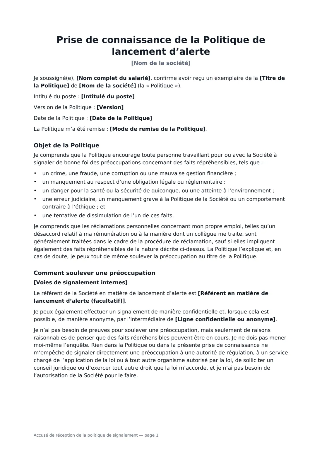 Accusé de réception de la politique de signalement — page 1 sur 2