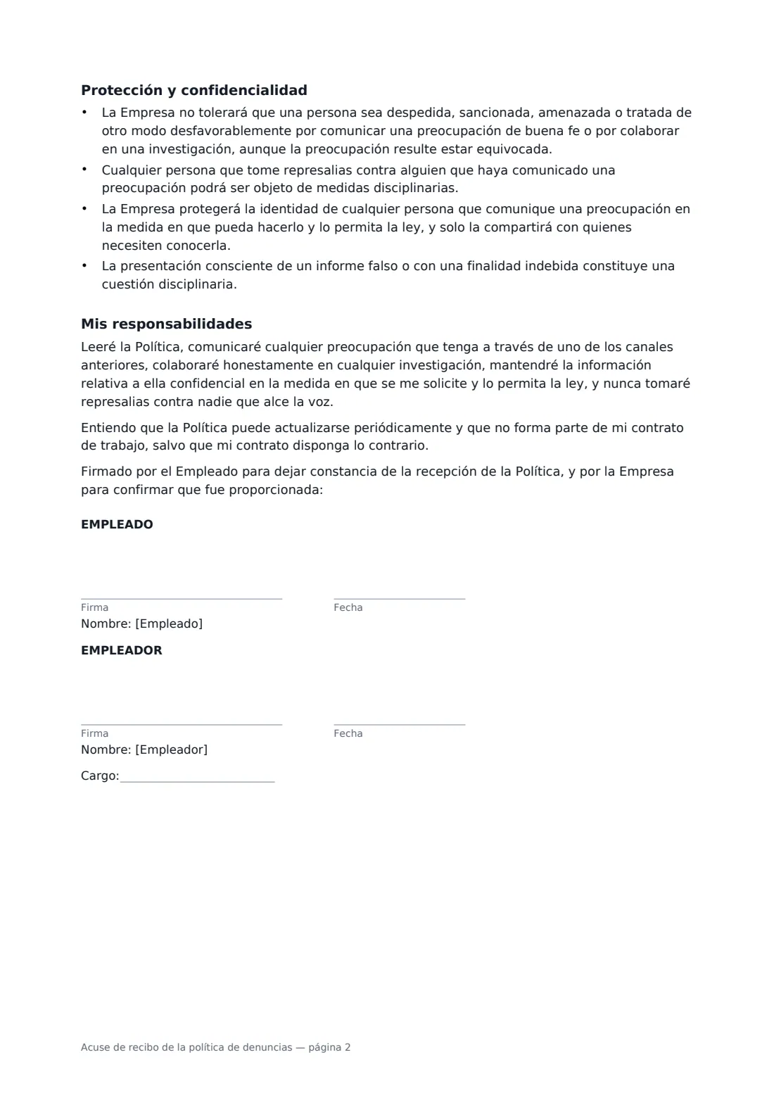 Acuse de recibo de la política de denuncias: página 2 de 2