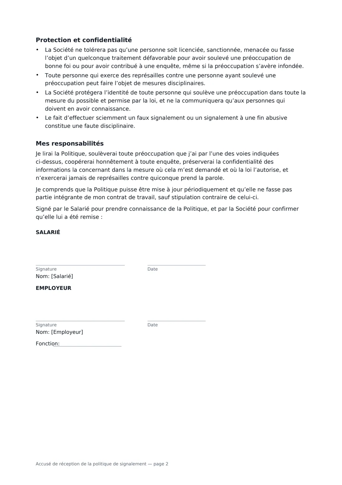 Accusé de réception de la politique de signalement — page 2 sur 2