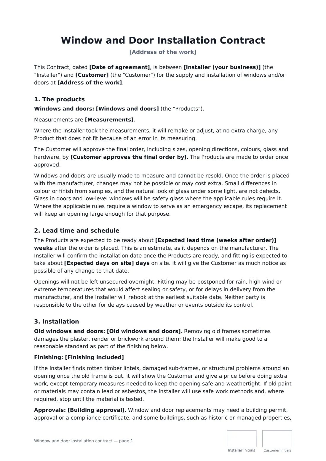Window and door installation contract — page 1 of 3