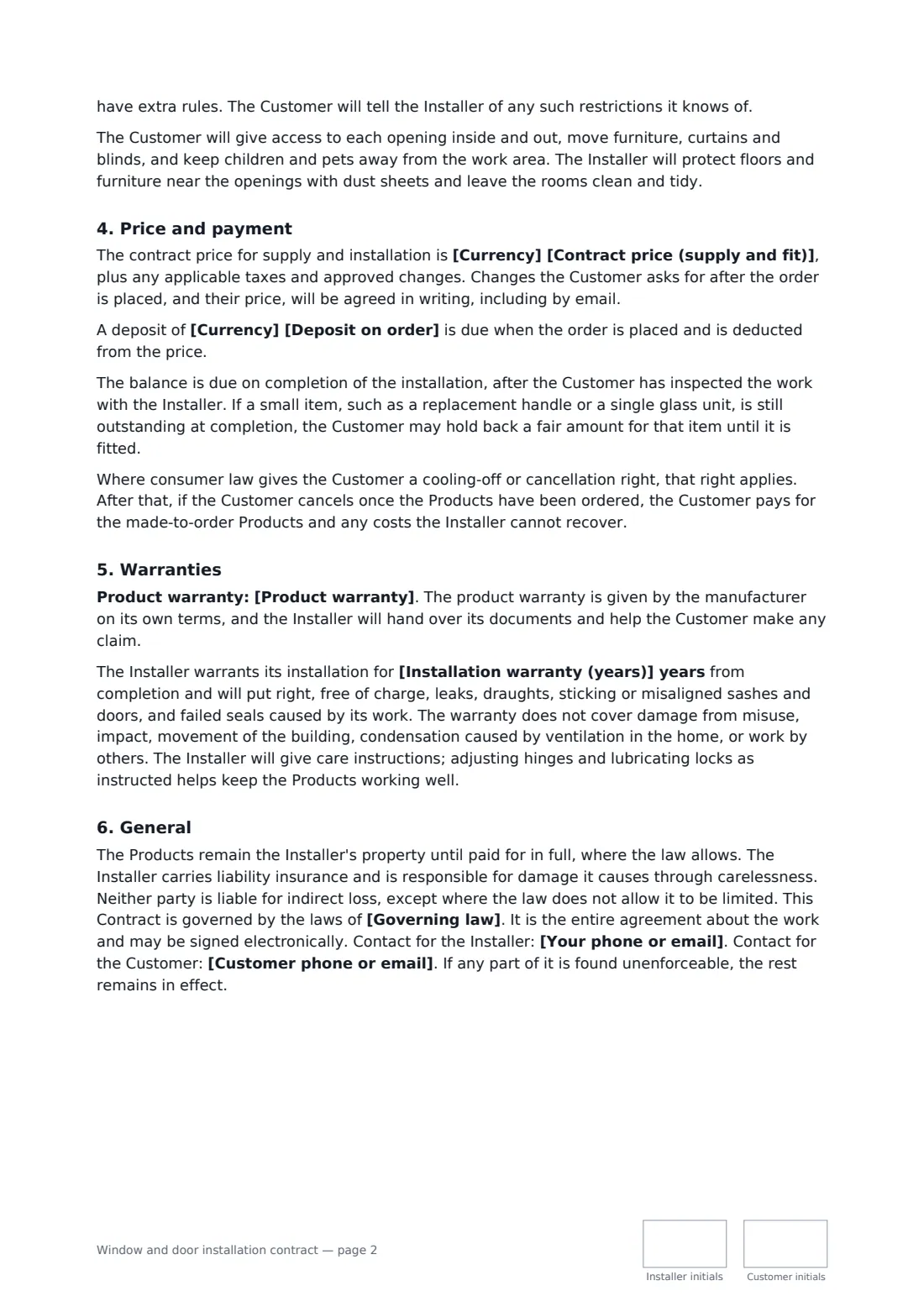 Window and door installation contract — page 2 of 3
