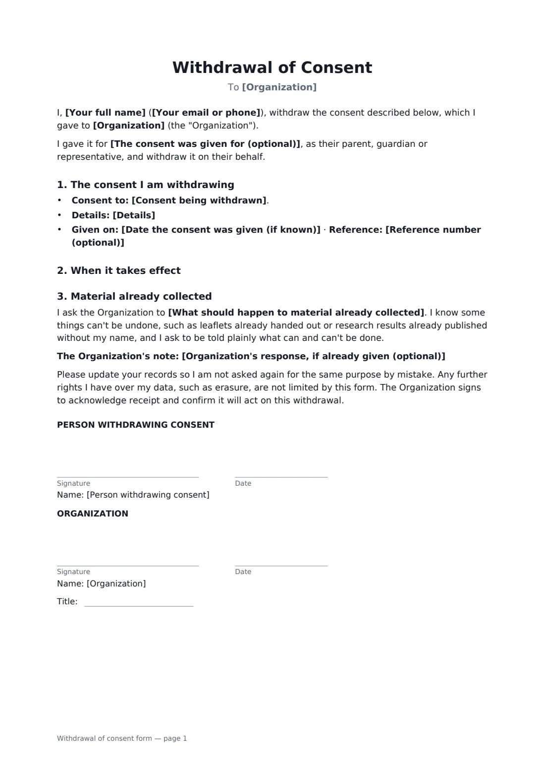 Withdrawal of consent form — page 1 of 1