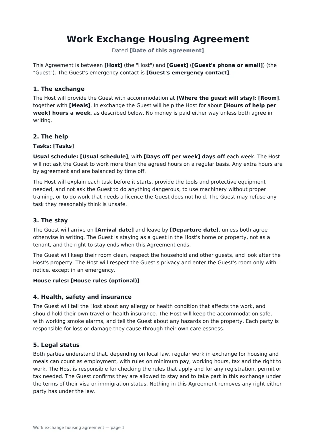 Work exchange housing agreement — page 1 of 2
