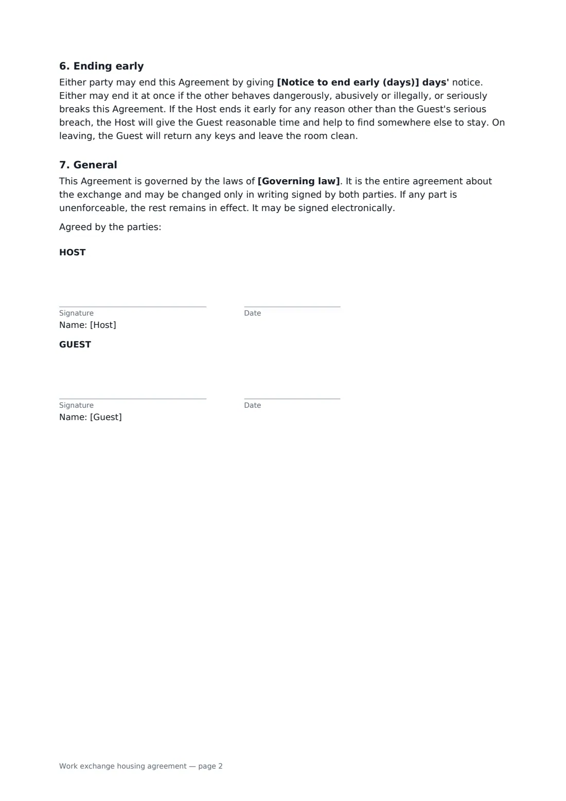 Work exchange housing agreement — page 2 of 2