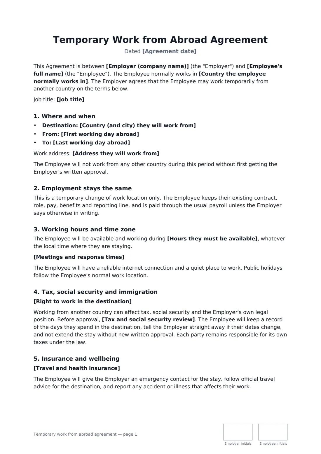 Temporary work from abroad agreement — page 1 of 2