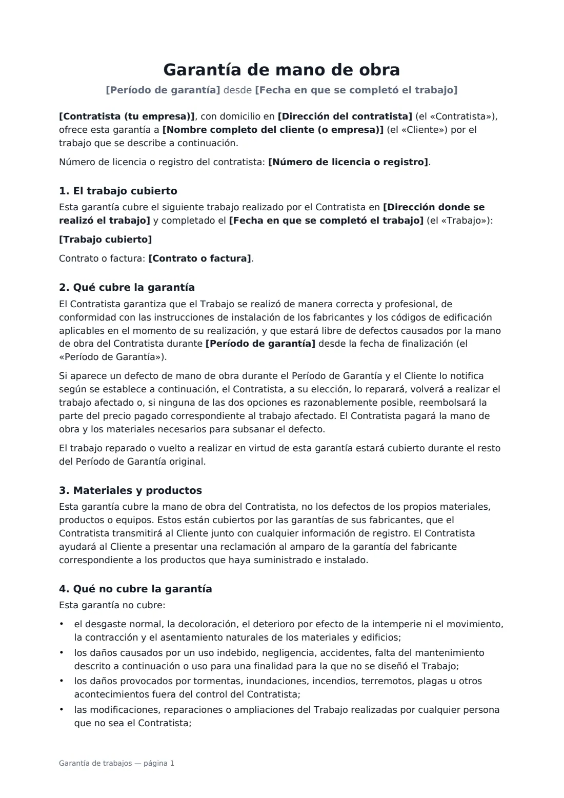 Garantía de trabajos: página 1 de 3