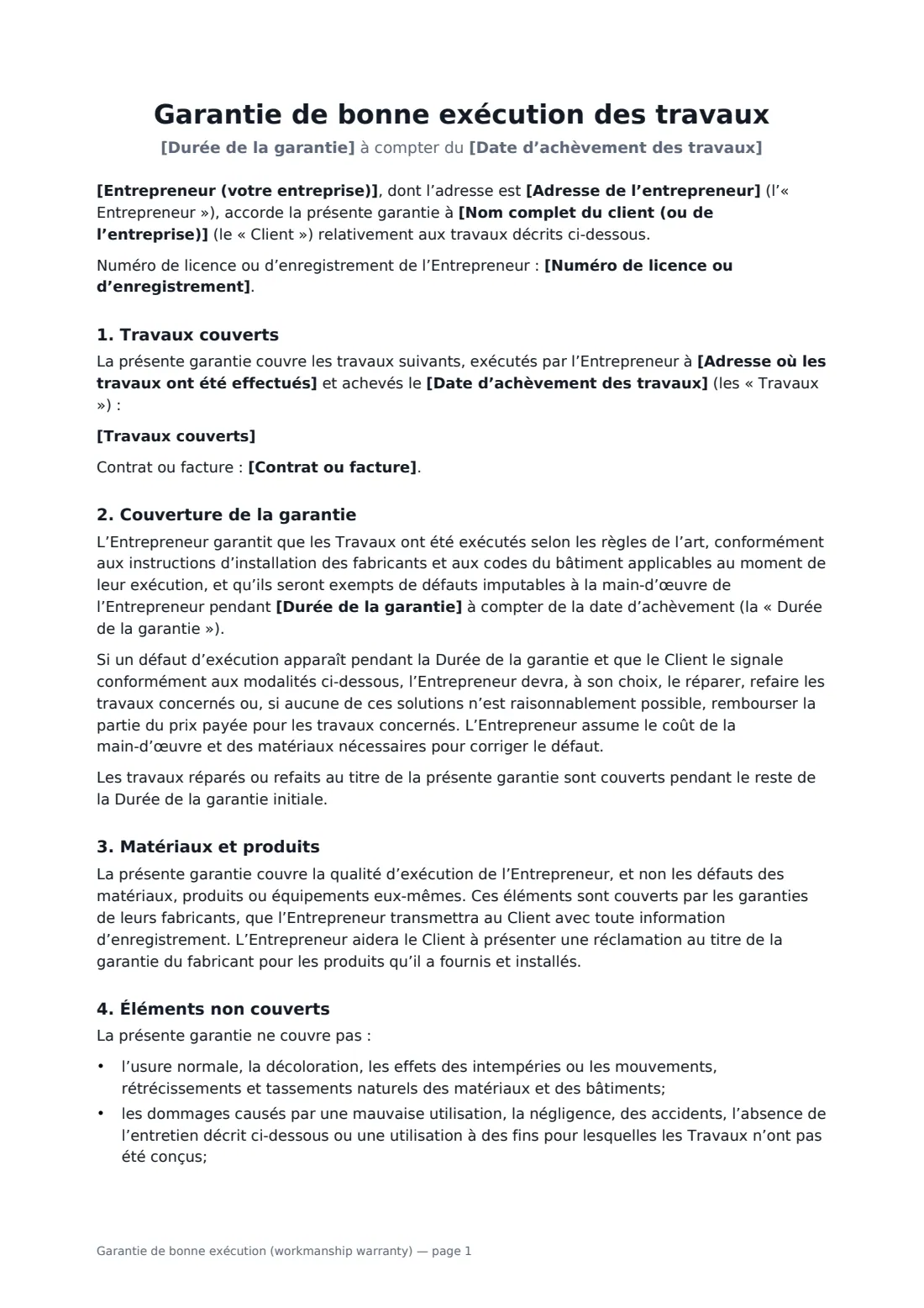 Garantie de bonne exécution (workmanship warranty) — page 1 sur 3
