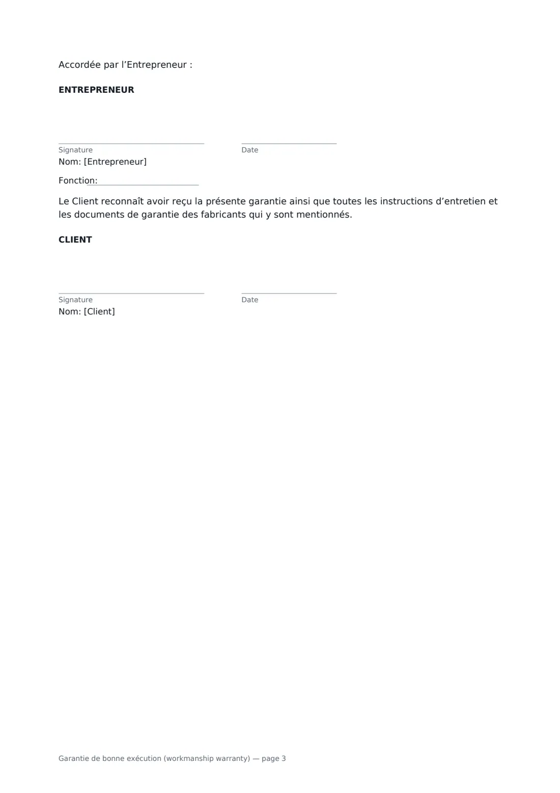 Garantie de bonne exécution (workmanship warranty) — page 3 sur 3