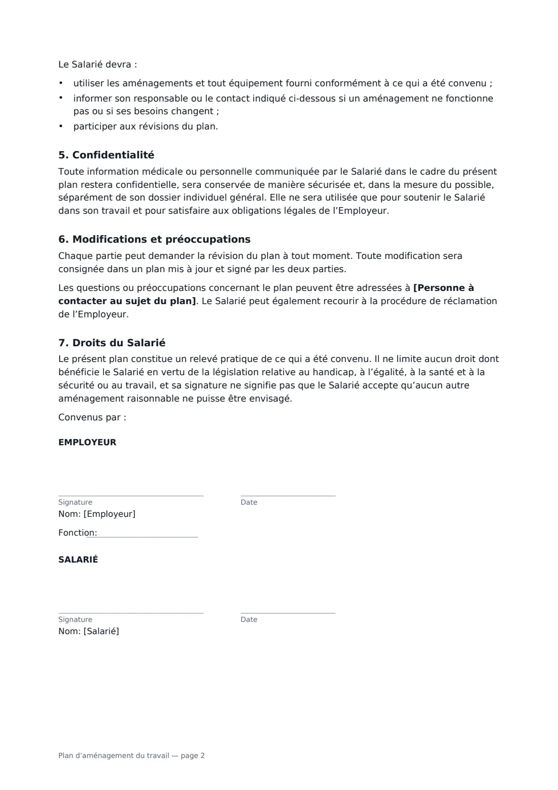 Plan d’aménagement du travail — page 2 sur 2