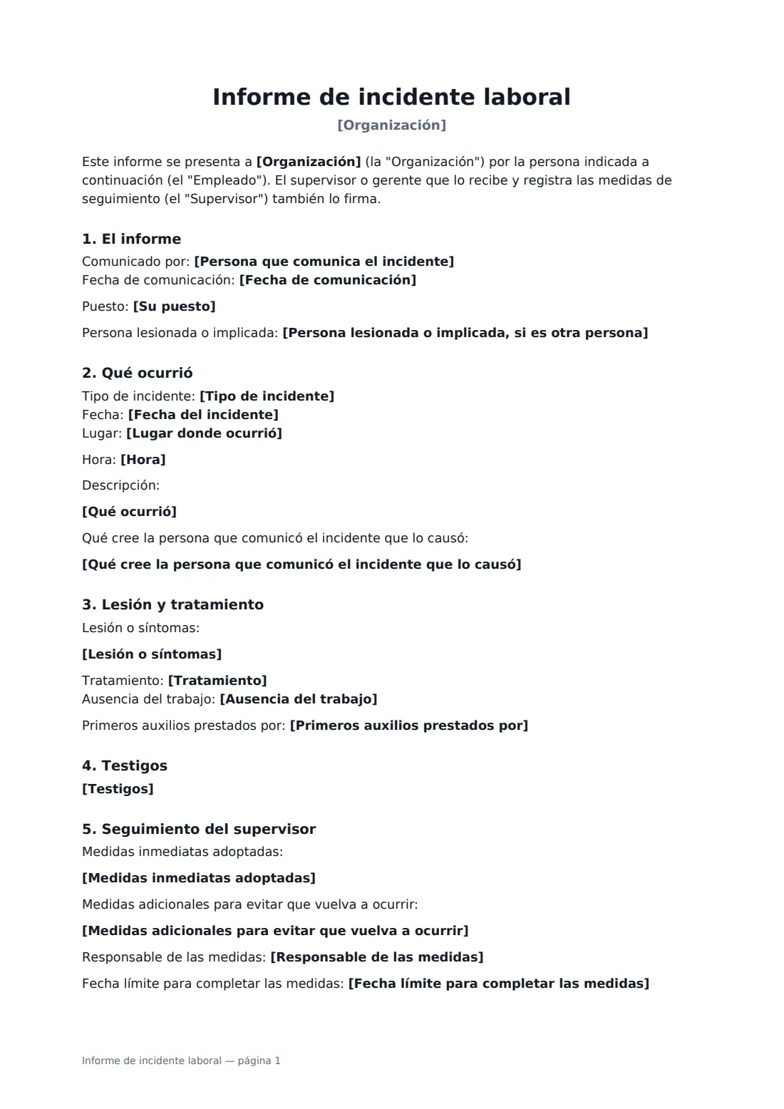 Informe de incidente laboral: página 1 de 2