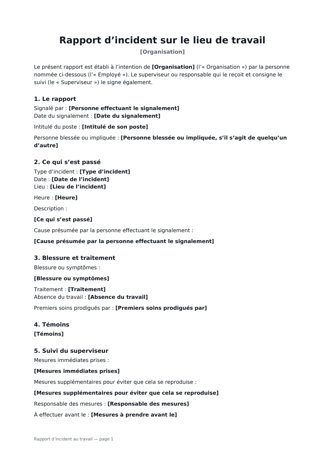 Rapport d’incident au travail — page 1 sur 2