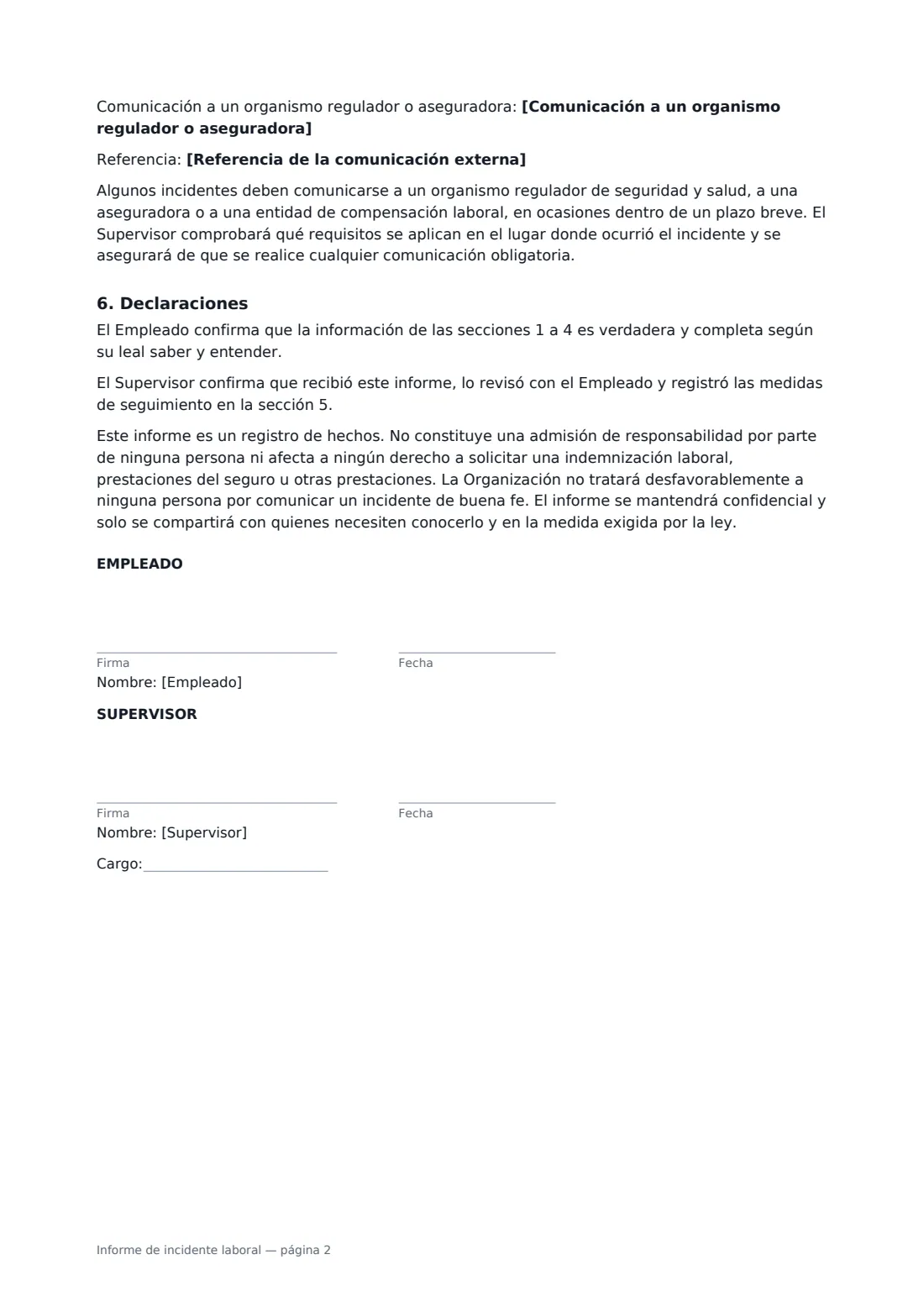 Informe de incidente laboral: página 2 de 2