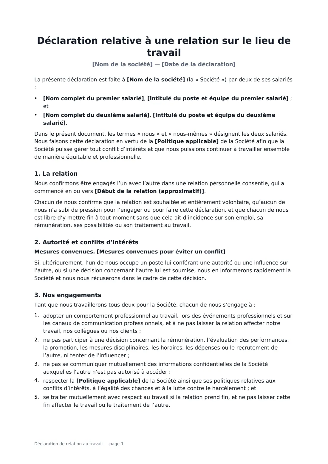 Déclaration de relation au travail — page 1 sur 3