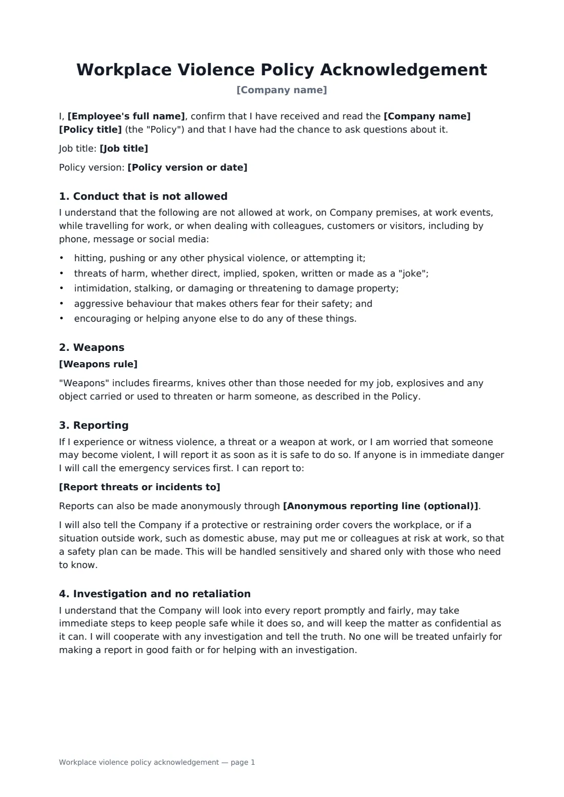 Workplace violence policy acknowledgement — page 1 of 2