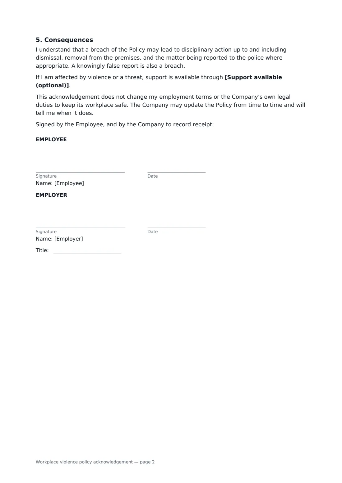 Workplace violence policy acknowledgement — page 2 of 2