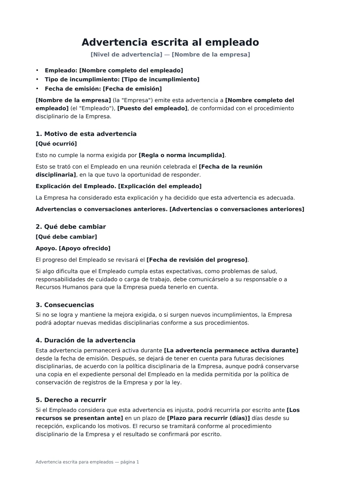 Advertencia escrita para empleados: página 1 de 2