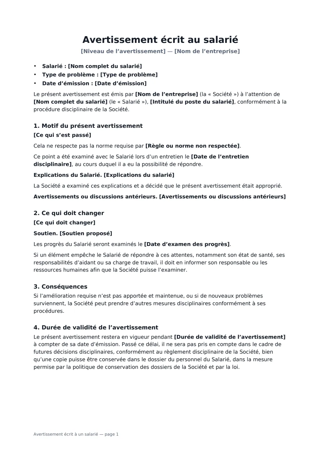 Avertissement écrit à un salarié — page 1 sur 2