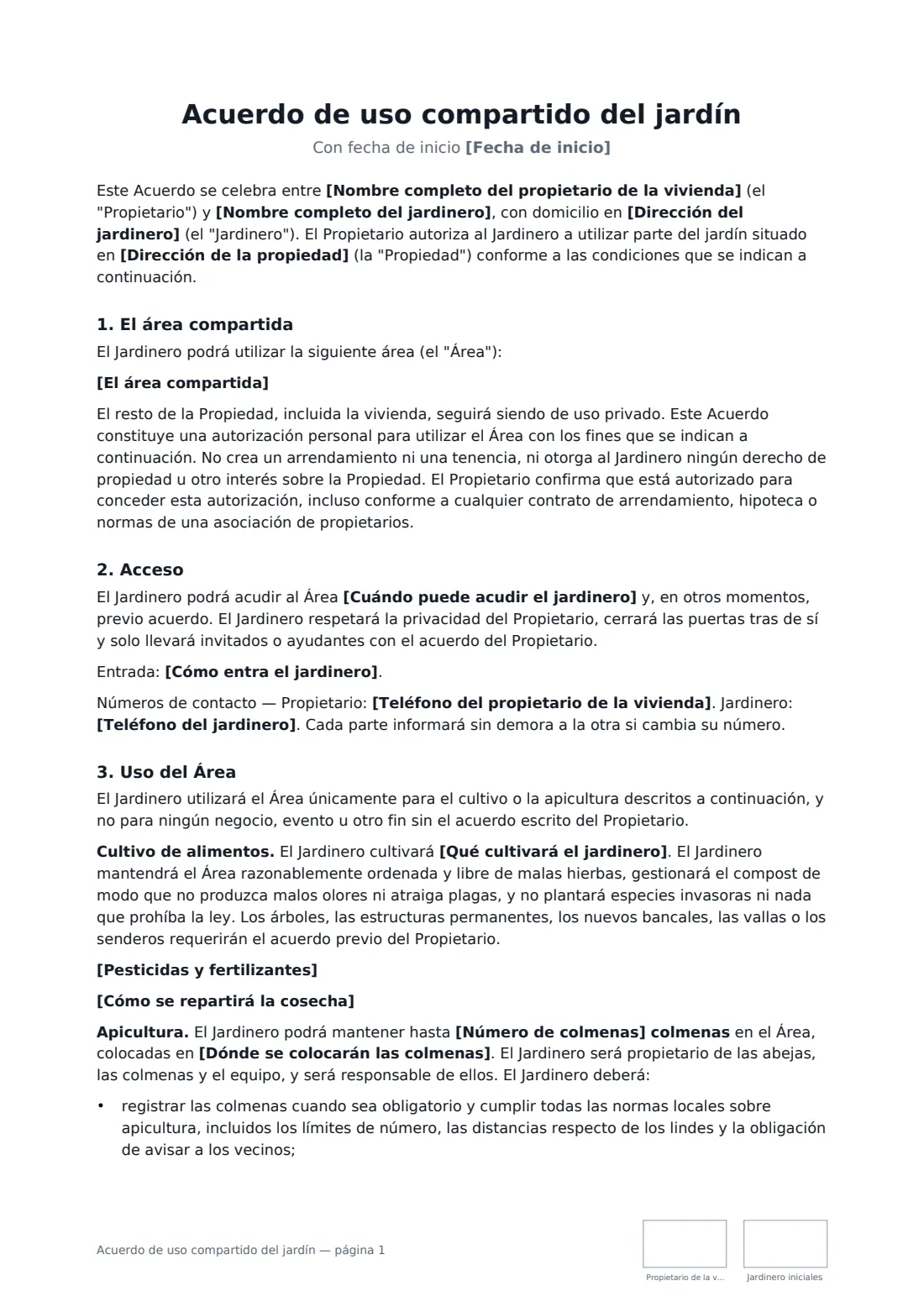 Acuerdo de uso compartido del jardín: página 1 de 3