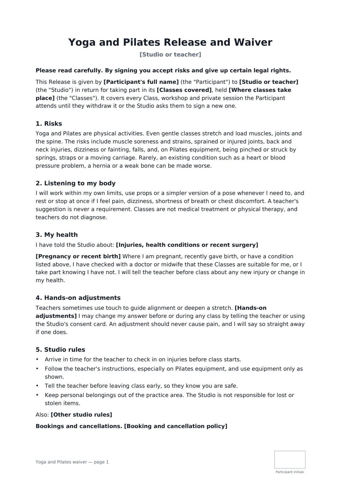 Yoga and Pilates waiver — page 1 of 2