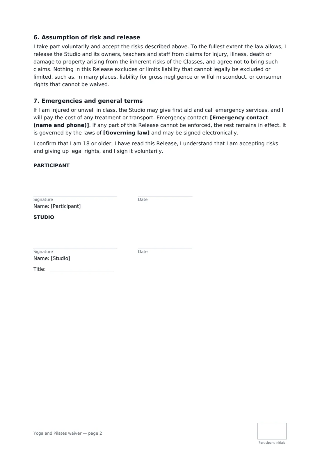 Yoga and Pilates waiver — page 2 of 2