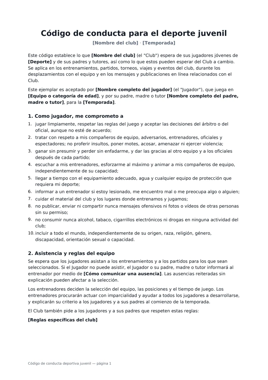 Código de conducta deportiva juvenil: página 1 de 3